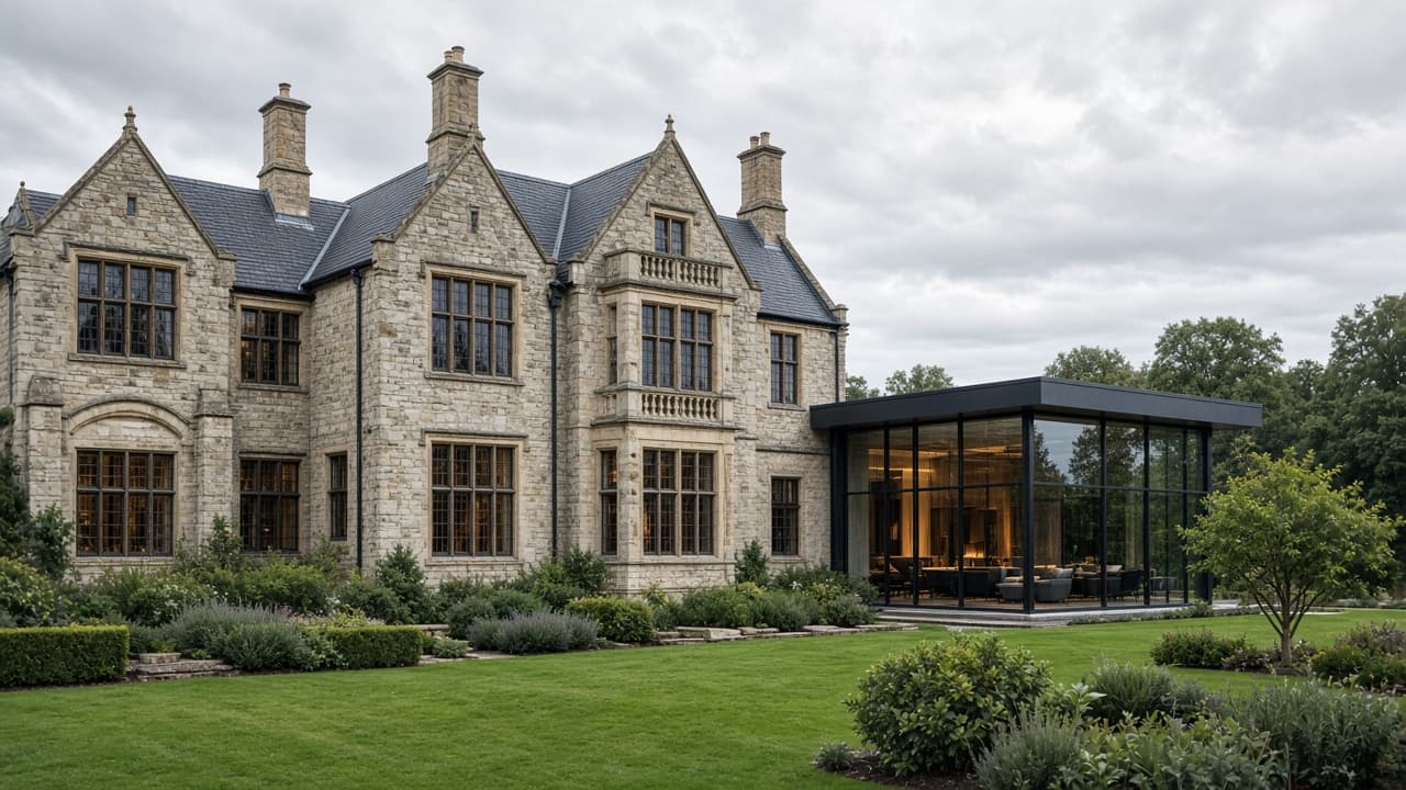 Ashbourne Residence historic-meets-modern manor façade at soft daylight